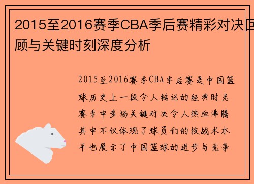 2015至2016赛季CBA季后赛精彩对决回顾与关键时刻深度分析